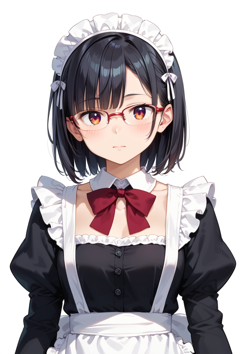 score_9, score_8_up, score_7_up, rating_safe, masterpiece, best quality, absurdres, unity 8k wallpaper, official art, official style, source_anime, uncensored, game cg, megami magazine,
1girl, solo, black hair, medium hair, upper body, covered eyes,maid, maid headdress, black dress, maid apron, face focus,
halfrim17s,  still life, white background, simple background, red-framed eyewear,
 <lora:glasses_halfrim17S_PONY_V1:1>