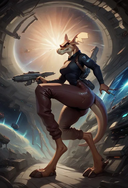 score_9, score_8_up, score_7_up, score_6_up, score_5_up, score_4_up, masterpiece,sexy girl, Stith_Titan_AE, ((scifi,spaceship, gun turret, shooting turret)), floating in space, angry expression, femdom, black sweater, thick thighs,anthro,spacesuit, jewelry, full body view, (determined), pink makeup,side view, close up view,solo