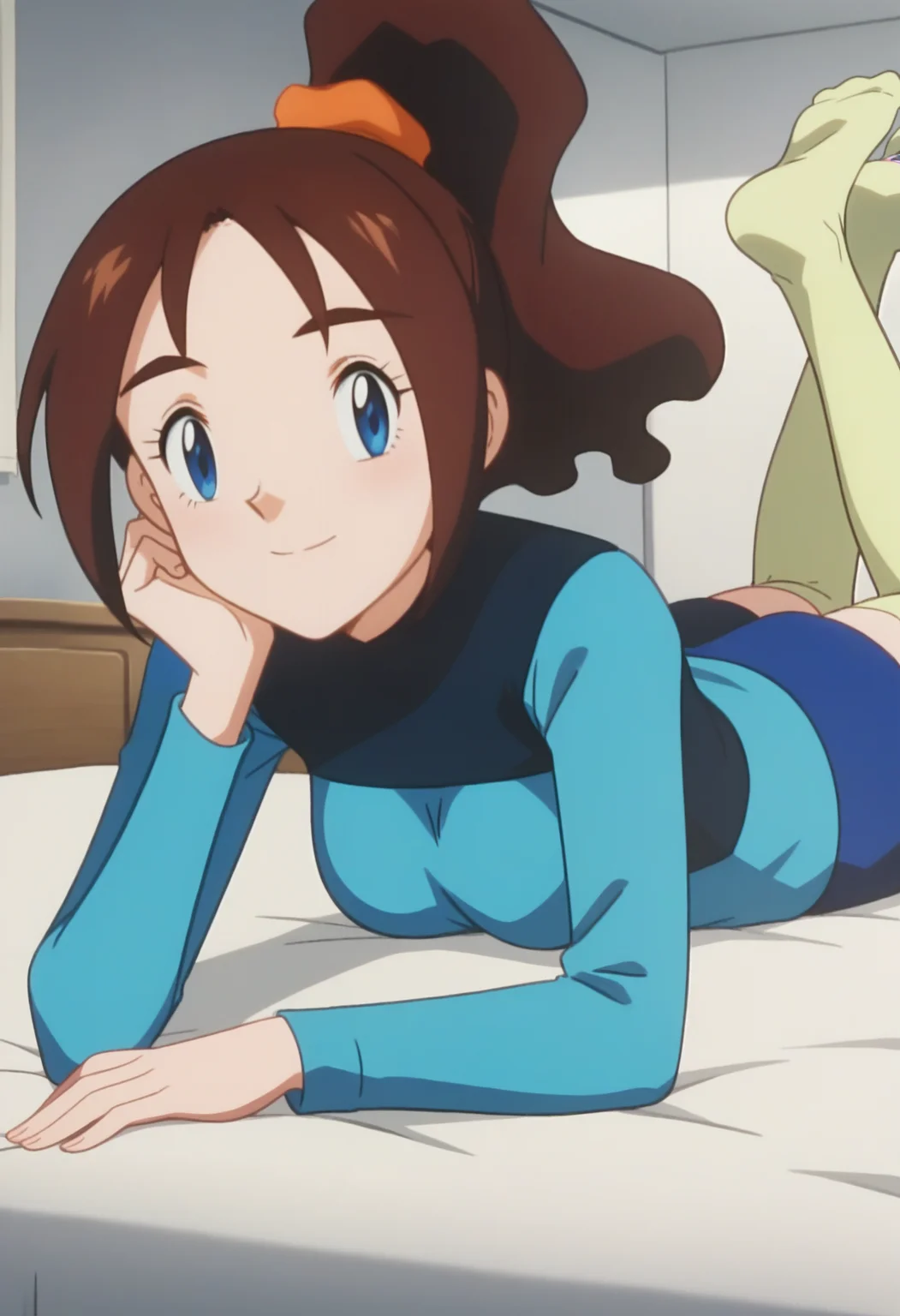score_9, score_8_up, score_7_up, score_6_up, anime screencap, anime coloring, <lora:PMBailey_epoch_10:0.9>, PMBailey, 1girl, solo, high ponytail, brown hair, blue eyes,
blue shirt, long sleeves, blue shorts, yellow-green thighhighs,
looking at viewer, lying, on stomach, breast press, smile,
BREAK indoors, bed,