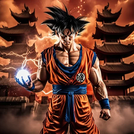 Goku1024 ,  a man dressed in red, casting a powerfull spell, dramatic ball lightning from hands, dragon background, ancient chinese temple, highly detailed, photography, ultra sharp, film, bokeh, professional, 64k  <lora:Goku1024:0.8>