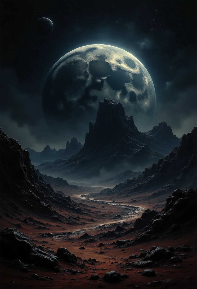 Step into a mystical realm as we delve into an enchanting night scene upon a distant planet. The vast landscape unfolds before us, bathed in deep earthy tones that invoke a sense of ancient wisdom and natural harmony. Within this nocturnal wonderland, illuminated pockets of light dance across the surface, casting long shadows that gracefully embrace the planet's rocky terrain. As if whispering secrets from the heavens above, the celestial sky bursts with stellar brilliance, casting its ethereal glow upon this captivating world. Let Flux transport you to this captivating realm of dark earthy hues, mysterious shadows, and a mesmerizing cosmic skyline. ,<lora:flux/fav/we-br-v2.safetensors:1.0:1.0>