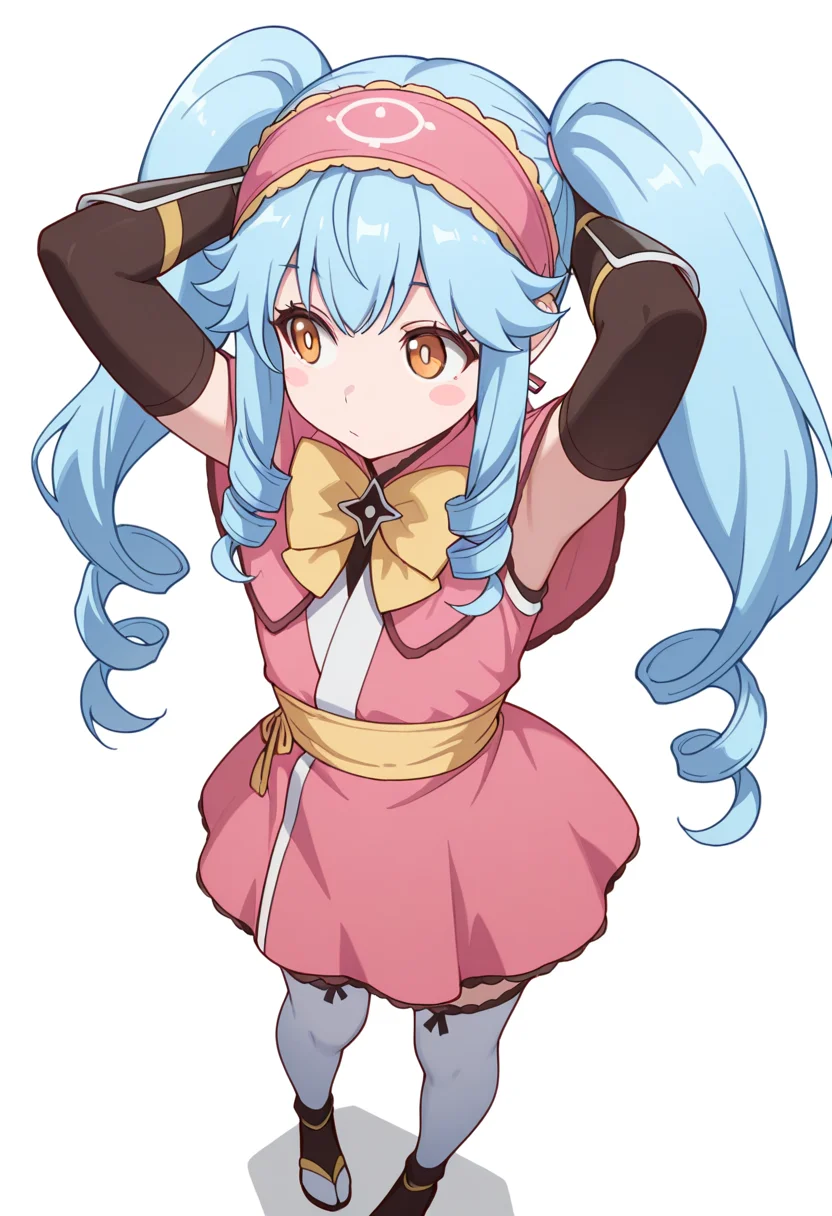 masterpiece,high quality details, absurdres,
standing with feet wide, hands clasped behind head, elbows flared ,
<lora:Michiru_Kusagakure:0.8>
ninja,michiru_cnr, 1girl, blue hair, long hair, twintails, drill hair, sidelocks, orange eyes, blush stickers,
dress, pink capelet,fingerless gloves, elbow gloves, white thighhighs, hairband, yellow bow,yelow armlet,, d:,, simple background, white background, front view,solo,