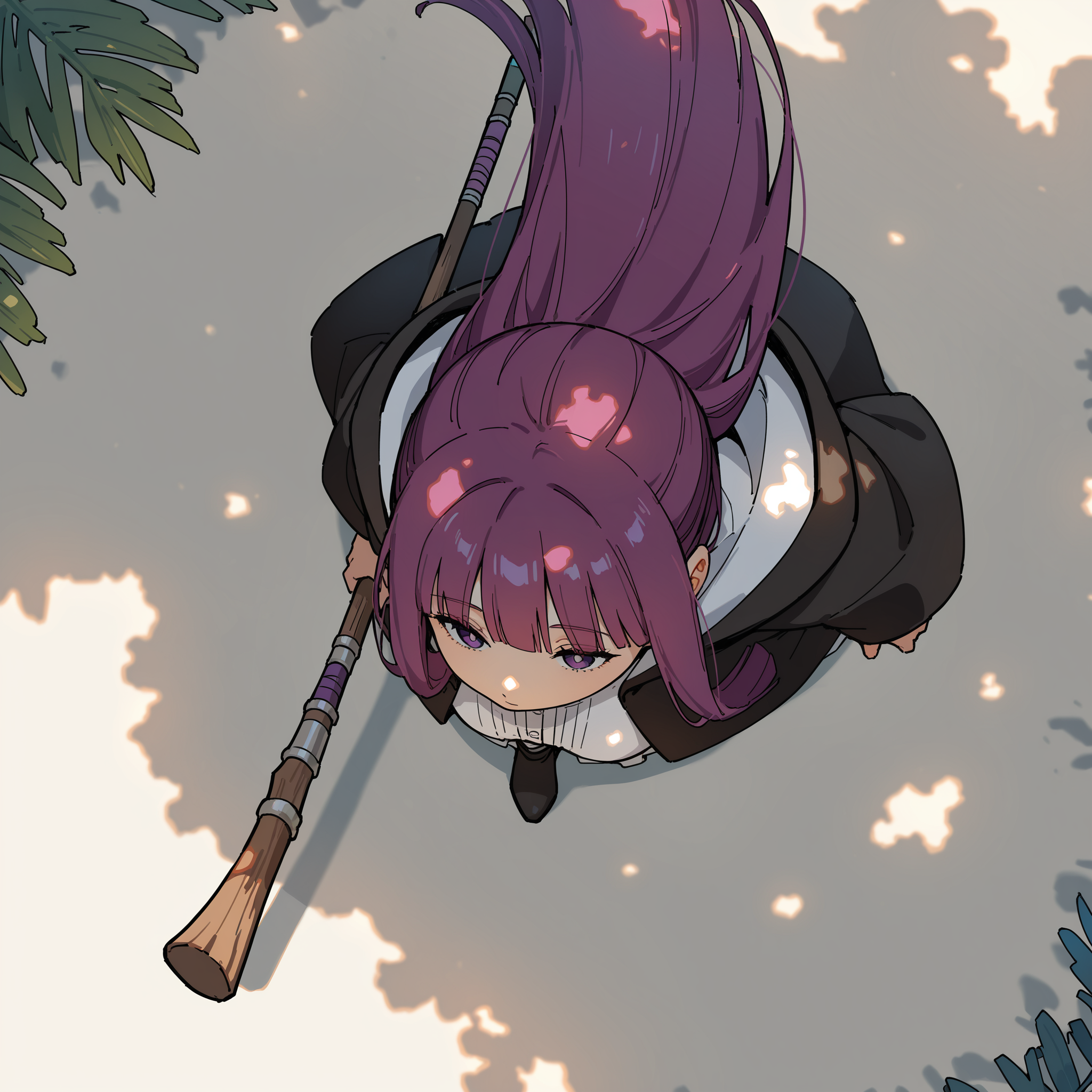 masterpiece, best quality, absurdres, safe
1girl, from above, perspective, fern \(sousou no frieren\), holding staff, dappled sunlight
<lora:from_above_il_4_v1_d16_final:1>