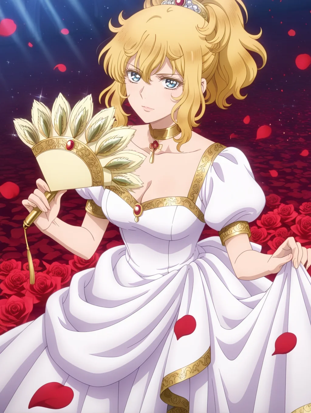 official tv style,anime coloring,oscar francois de jarjayes, 1girl, solo, red rose, red petals, hand fan, holding hand fan, cleavage, gold choker, looking at viewer, rapier, medium breasts, white gown, puffy short sleeves, ponytail,
masterpiece,best quality,amazing quality,very aesthetic,absurdres,newest,<lora:oscar_francois_de_jarjayes illusXL v1:0.72>,