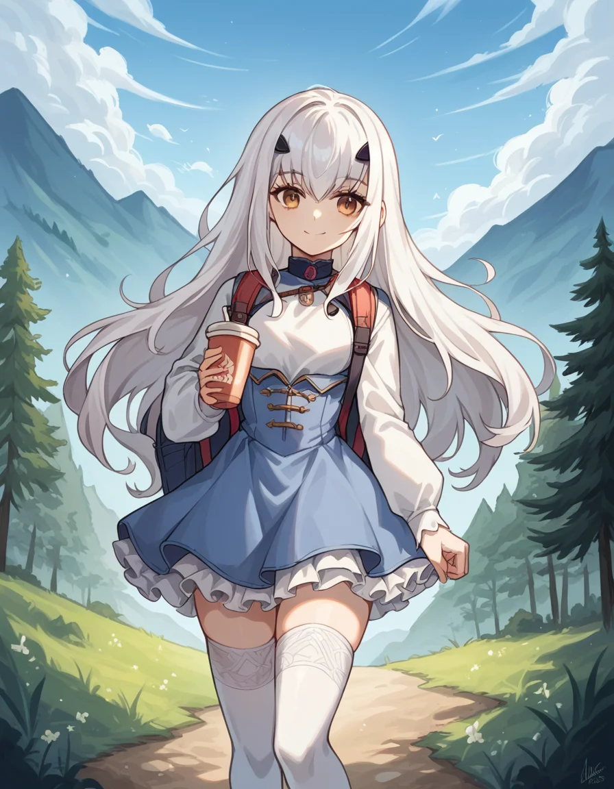 score_9, score_8_up, score_7_up, source_anime, <lora:fgo-melusine-ponyxl-lora-nochekaiser:1>, melusine, brown eyes, long hair, white hair, sidelocks,, blue dress, dress, frills, long sleeves, thighhighs, thighs, white thighhighs,, mountain trail, hiking, nature, backpack, adventure, fresh air, smile, , hand holding a cup, solo,, cowboy shot, dutch angle