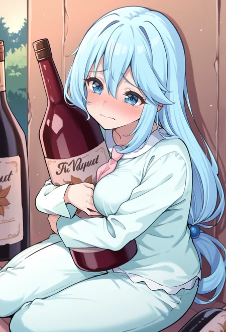 masterpiece, best quality, high quality, anime, <lora:AEAquaIlx:1> AEAquaPaj, blue eyes, blue hair, hair ornament, low-tied long hair, pajamas, pink necktie,
alcohol, wine bottle, hugging object, against wall, tearing up, sitting, on floor, outdoors,