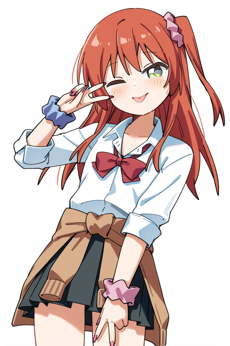 masterpiece, best quality, amazing quality,
<lora:Haru_IL:1> haru, 1girl, scrunchie, green eyes, one eye closed, solo, skirt, v, white shirt, white background, hair scrunchie, hair ornament, tongue, shirt, simple background, pleated skirt, long hair, polka dot, bow, nail polish, red bow, wrist scrunchie, looking at viewer, school uniform, one side up, cardigan around waist, kita, gyaru, from below
