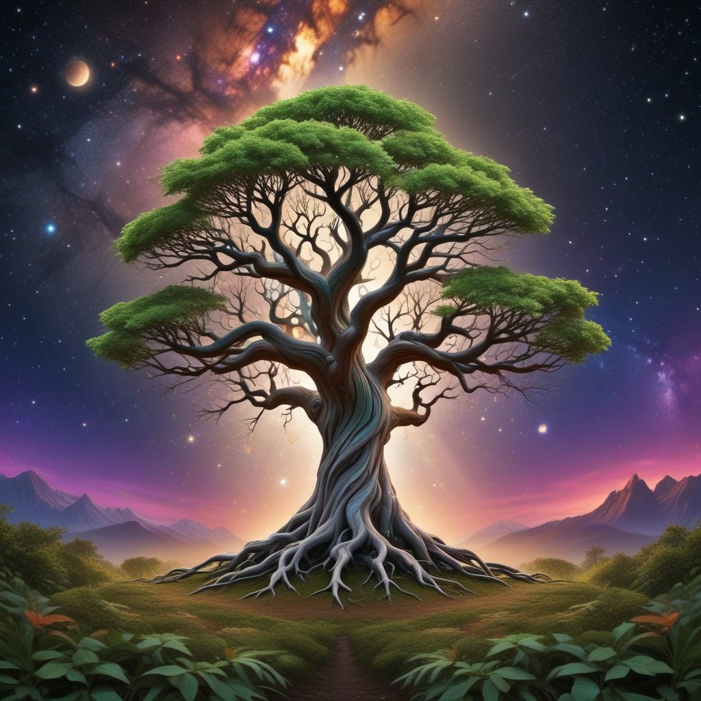 white huge tree grows from the black hole in the center of galaxy, fluorescent leaves, white glowing bark, alien colorful planets grow on branches of the tree, life energy flows through the roots of the tree, space, cosmic scenery, clouds of cosmic dust around, black background, hyperrealistic, photorealistic, atmospheric scene, depth of field, 8k quality, extreme detailed, colorful, award-winning masterpiece, abstract beauty
