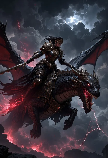 A dragon rider in a thunderstorm on a fierce dragon in freefall in the stormy sky.