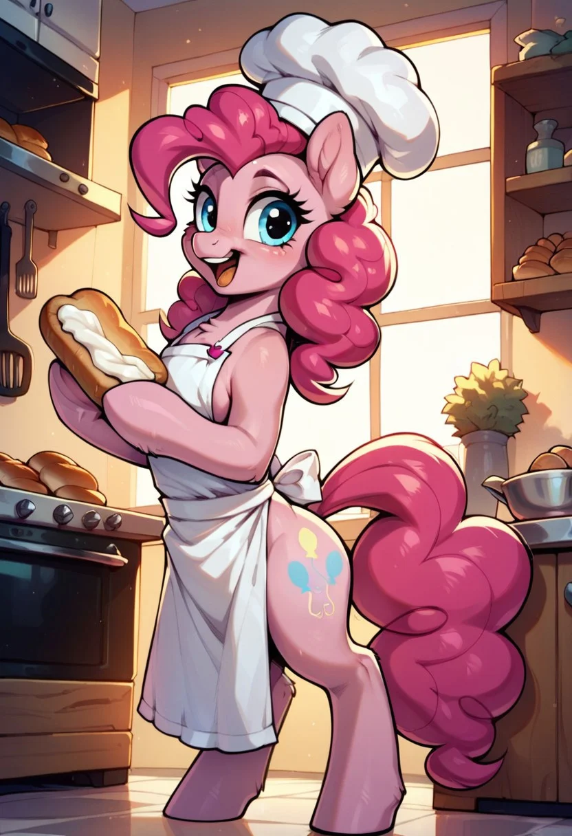 embedding:urn:air:sd1:embedding:civitai:222256@250708, score_9, score_8_up, score_7_up, score_6_up,  
1pony, pinkie pie \(mlp\), (pony:1. 1), , tail, long hair,
kitchen, happy, apron, chef hat,  covered in flour, posing, covered in frosting, horse, holding a loaf of bread, bread, carrying bread, holding bread,