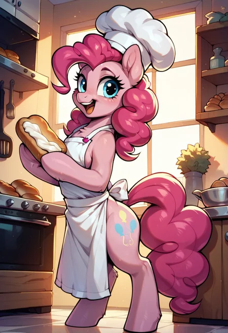 embedding:urn:air:sd1:embedding:civitai:222256@250708, score_9, score_8_up, score_7_up, score_6_up,
1pony, pinkie pie \(mlp\), (pony:1. 1), , tail, long hair,
kitchen, happy, apron, chef hat, covered in flour, posing, covered in frosting, horse, holding a loaf of bread, bread, carrying bread, holding bread,