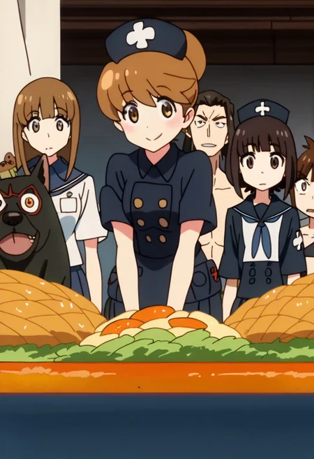score_9, score_8_up, score_7_up, best quality, masterpiece, anime screencap, anime coloring, 1girl, solo, looking at viewer, mankanshoku sukuyo, multiple girls, multiple boys, hat, nurse, brown hair, food, nurse cap, fruit, black hair, dog, 3boys, 4girls, school uniform, sunglasses, serafuku, smile, 3girls