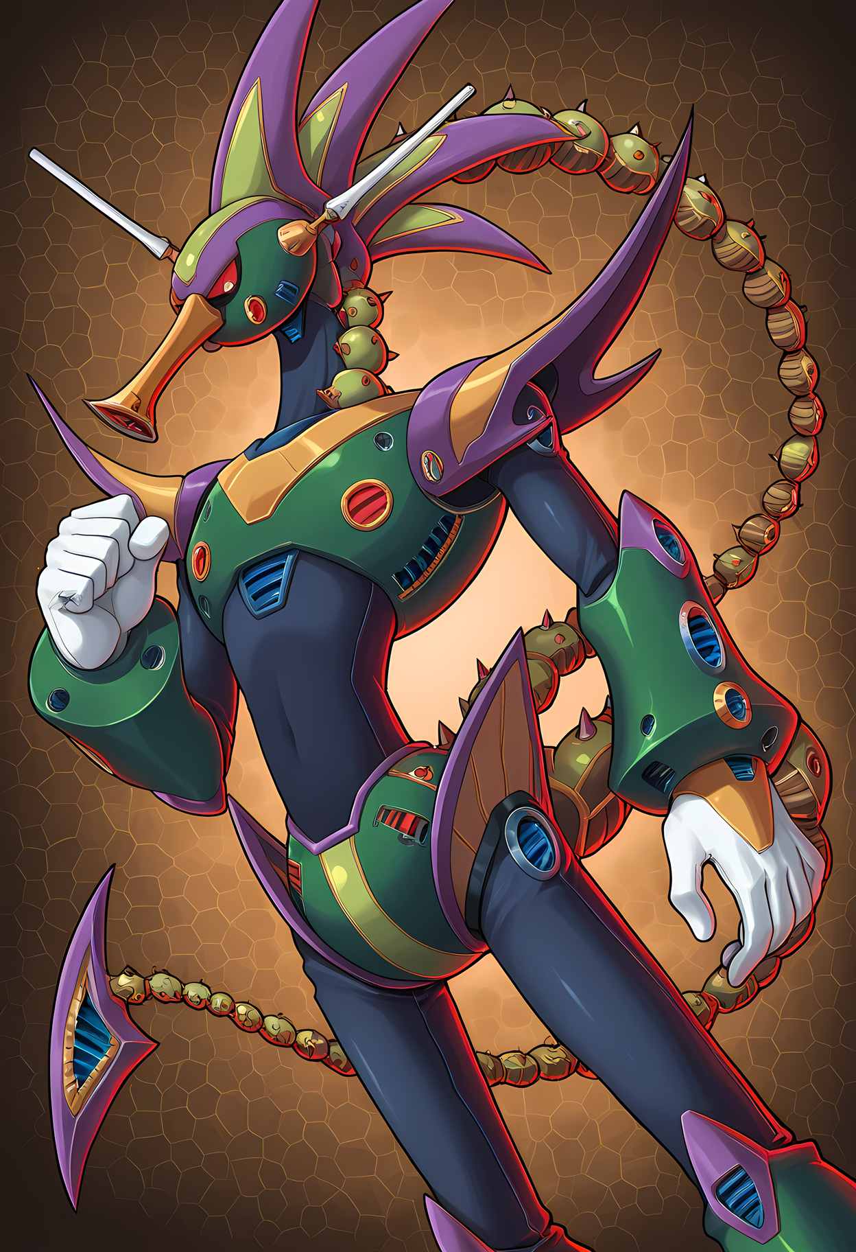 masterpiece, best quality, amazing quality, dutch angle, abstract background, BREAK
1boy, solo, male focus, mx3_toxic, robot, red eyes, snout, tail, armor, BREAK
<lora:cfg_scale_boost:.6>  <lora:Toxic_Seahorse_-_Mega_Man_X3_-_ILXL:1>
