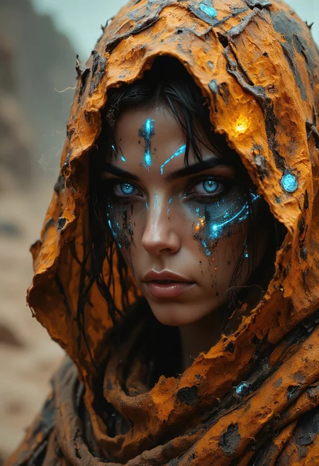 A captivating cinematic close-up of a mysterious, hooded figure set against a warm and muted desert landscape. The figure's dark burn-orange colored cloak is adorned with rugged fabric textures reminiscent of a home spun cloak, with hints of metallic elements interwoven in the fabric. Their intense, otherworldly expression is framed by a dusty transparent veil amplifying the gritty, dystopian atmosphere. The figure's eyes dimly glow with an eerie electric blue light, surrounded by intricate neon blue circuitry patterns visible below her skin that blend ancient and futuristic aesthetics. The background exudes a vibrant, desert-like ambiance, with the air of a forgotten, post-apocalyptic world.