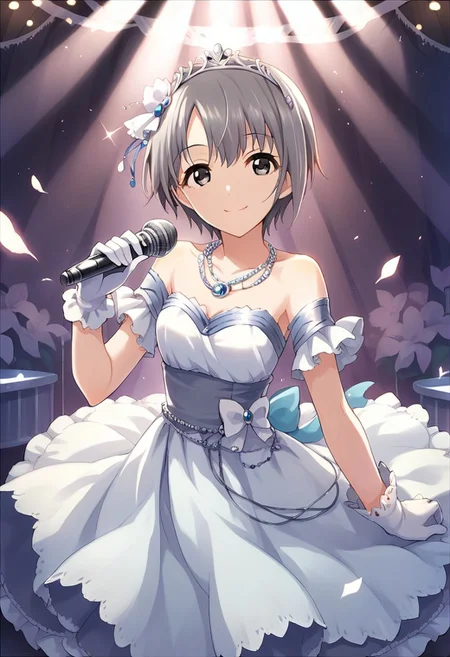 score_9, score_8_up, score_7_up, source_anime, otokura yuuki, short hair, grey hair, black eyes, 1girl, gloves, microphone, solo, jewelry, necklace, tiara, smile, hair ornament, dress