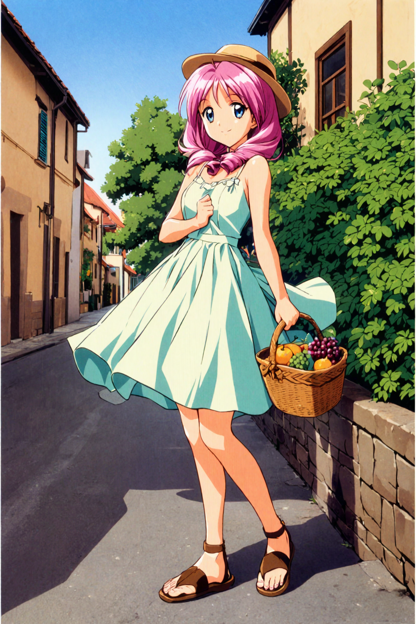 Shirayuki Miho,1girl,solo,hat,dress,pink hair,sandals,sundress,basket,smile,fruit,food,blue eyes,
<lora:Tokimeki Memorial 2_XL:0.9>,