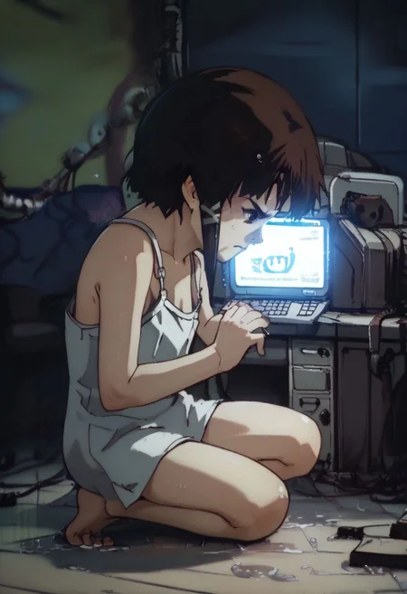 score_9, score_8_up, score_7_up, score_6, source_anime, lain, kneeling, chibi, kawaii, white camisole, (((((computer error screen))))), angry, furious, side view, annoyed, swearing, furious, dark computer room, watercooling systems, computer screens, computer room, computers, computer cables, networl cableslain's bedroom, ((low light, pitch dark)), dark night, dark ambiance, (((puddles, wet floor))), night, teddy bears background
