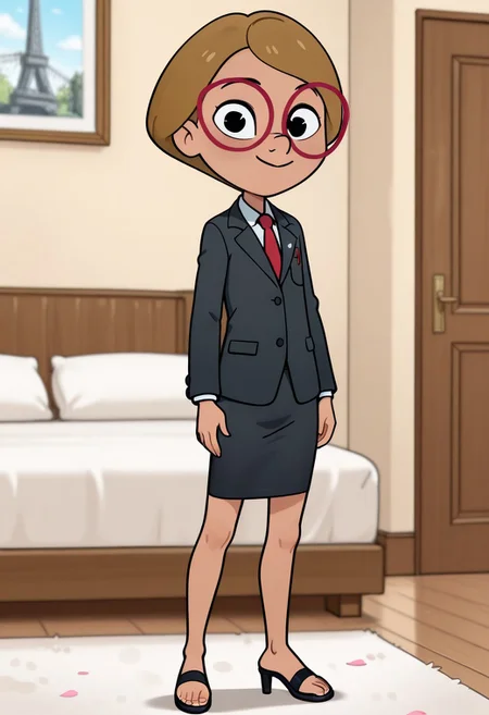 masterpiece, best quality, amazing quality, very aesthetic, absurdres, newest, solo, Emily_TuttleZYN, 1girl, solo, black eyes, tan skin, light brown hair, boy short hair, red glasses, perfect Small flat chest natural breasts; full body, barefoot,
black jacket, blazer, Red necktie, black suit, black medium pencil skirt, black high heels sandals, sandals, high heels,
cowboy shot, looking at viewer, beautiful, standing, smile, indoors, elegant room,