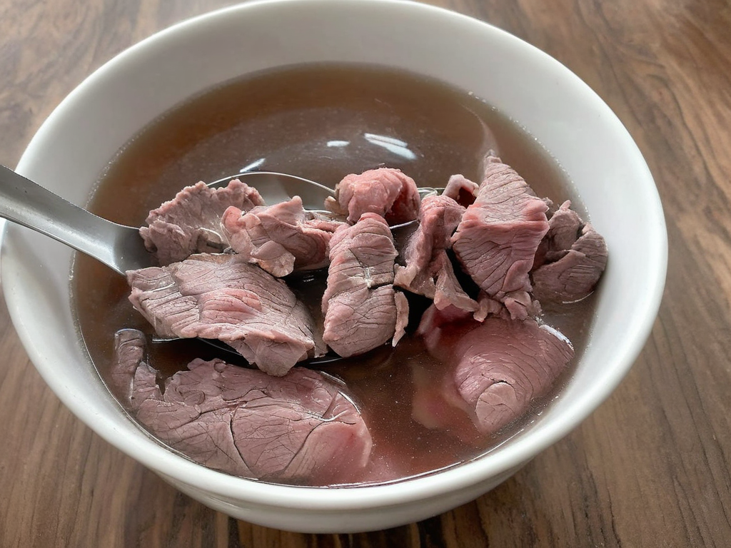 A high-resolution, hyper-realistic image of a bowl of Sweetbeefsoup. This traditional dish features a clear, sweet broth that is the star of the dish. The broth is simmered to perfection, with a hint of sweetness that tantalizes the taste buds. A subtle hint of pink is added to the broth, giving it a unique and appealing look. It's served in a traditional ceramic bowl, placed on a rustic wooden table. The scene is set in a cozy kitchen, with all elements in sharp focus, creating a clear and detailed image. The lighting should be warm and inviting, highlighting the appetizing qualities of the Sweetbeefsoup and the homely atmosphere of the setting, <lora:beefsoup:0.8>
