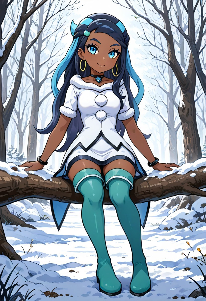 hinosaki, leveen, 2d, masterpiece, best quality, amazing quality, 1girl, solo, sitting, on branch, snow, smile, dangling legs, honessa, hnessaex, ex colors, dark-skinned female, blue eyes, blue eyeshadow, long hair, multicorored hair, black hair, blue hair, white dress, fur trim, (short sleeves), black choker, jewelry, black bracelet, hoop earrings, hearclip, thigh boots, aqua footwear