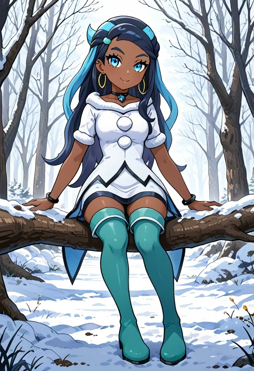 hinosaki, leveen, 2d, masterpiece, best quality, amazing quality, 1girl, solo, sitting, on branch, snow, smile, dangling legs, honessa, hnessaex, ex colors, dark-skinned female, blue eyes, blue eyeshadow, long hair, multicorored hair, black hair, blue hair, white dress, fur trim, (short sleeves), black choker, jewelry, black bracelet, hoop earrings, hearclip, thigh boots, aqua footwear