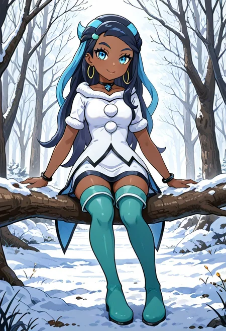 hinosaki, leveen, 2d, masterpiece, best quality, amazing quality, 1girl, solo, sitting, on branch, snow, smile, dangling legs, honessa, hnessaex, ex colors, dark-skinned female, blue eyes, blue eyeshadow, long hair, multicorored hair, black hair, blue hair, white dress, fur trim, (short sleeves), black choker, jewelry, black bracelet, hoop earrings, hearclip, thigh boots, aqua footwear