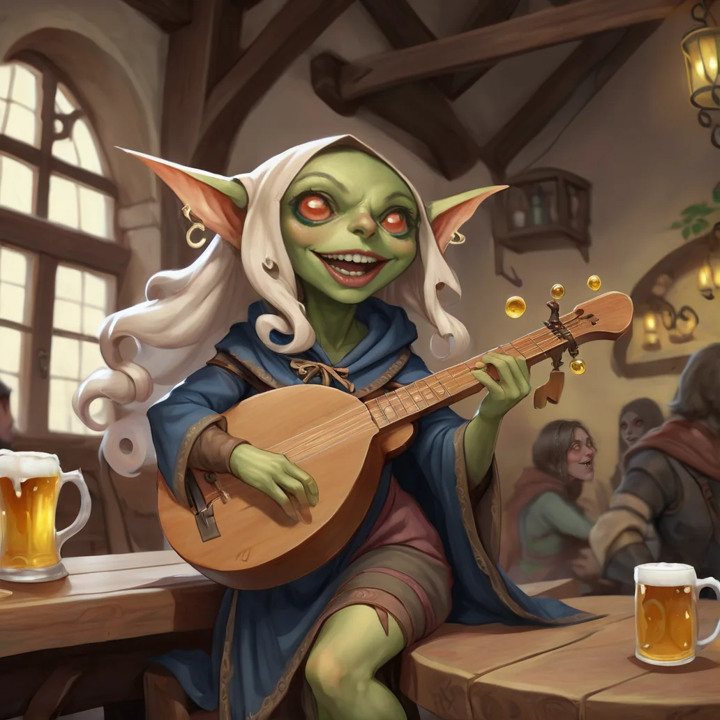 A cute female path_goblin bard, big eyes, wearing a hoodie cloak,and an elegant dress, long wavy hair, singing on a tavern while playing a medieval lyre, mugs of beer at her feets,<lora:Path_goblin:1>
