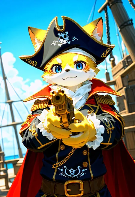 ((kemono)), zPDXL3, blue eyes, cape, yellow cat, chain, flag, furry male, no humans, pirate, pirate hat, looking at viewer, solo, cute, relaxed, happy, film grain, soft lighting, (pointing gun at viewer), gun, beretta, holding weapon, holding gun, handgun, aiming