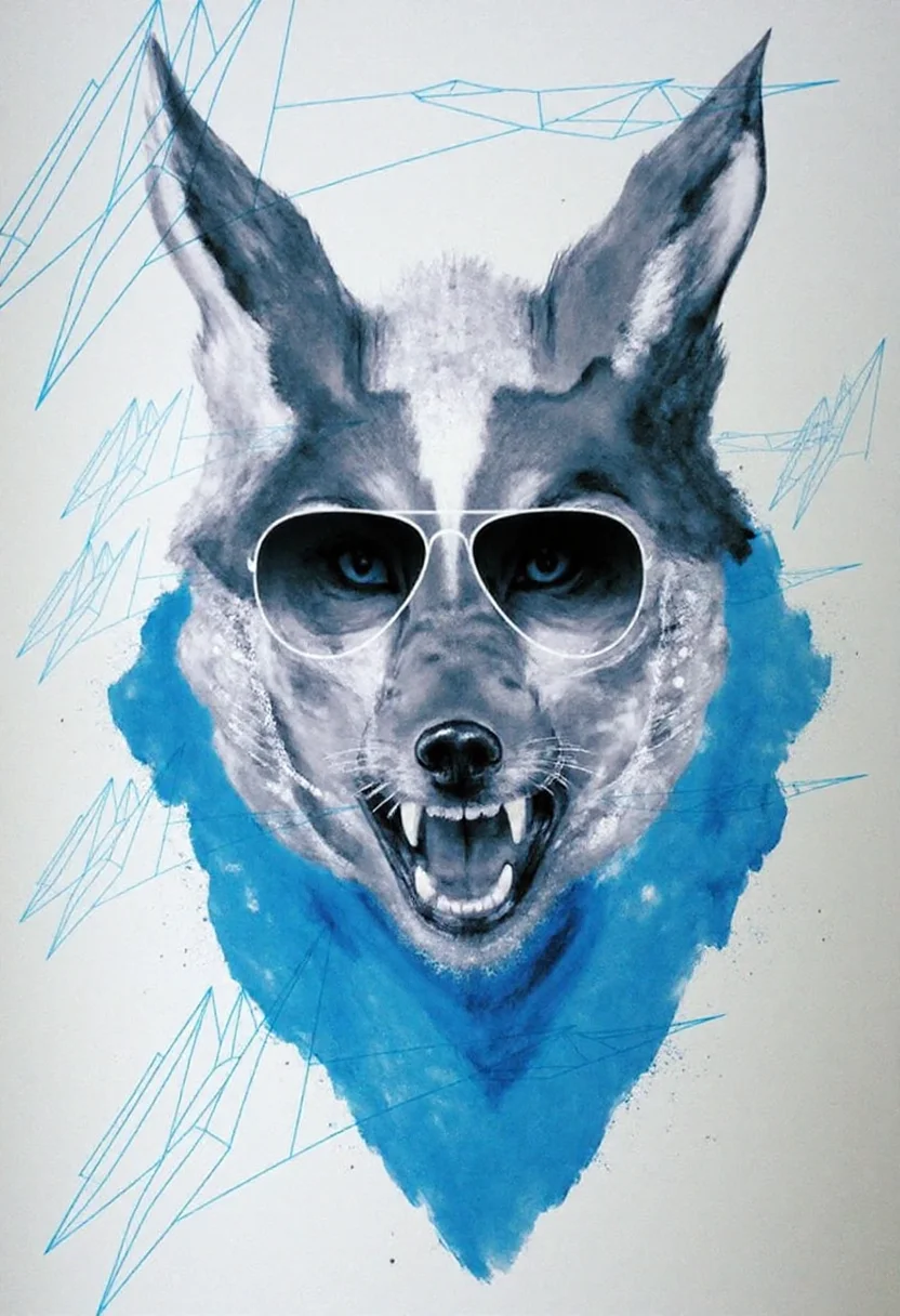 <lora:Acrobatic_Maneuvers_Style_FLUX-000015:0.9> <
This image is a digital drawing that combines elements of surrealism and modern art. The central figure is a stylized, three-dimensional representation of the face of an angry grey wolf wearing sunglasses, with striking details rendered in various shades of grey and blue.