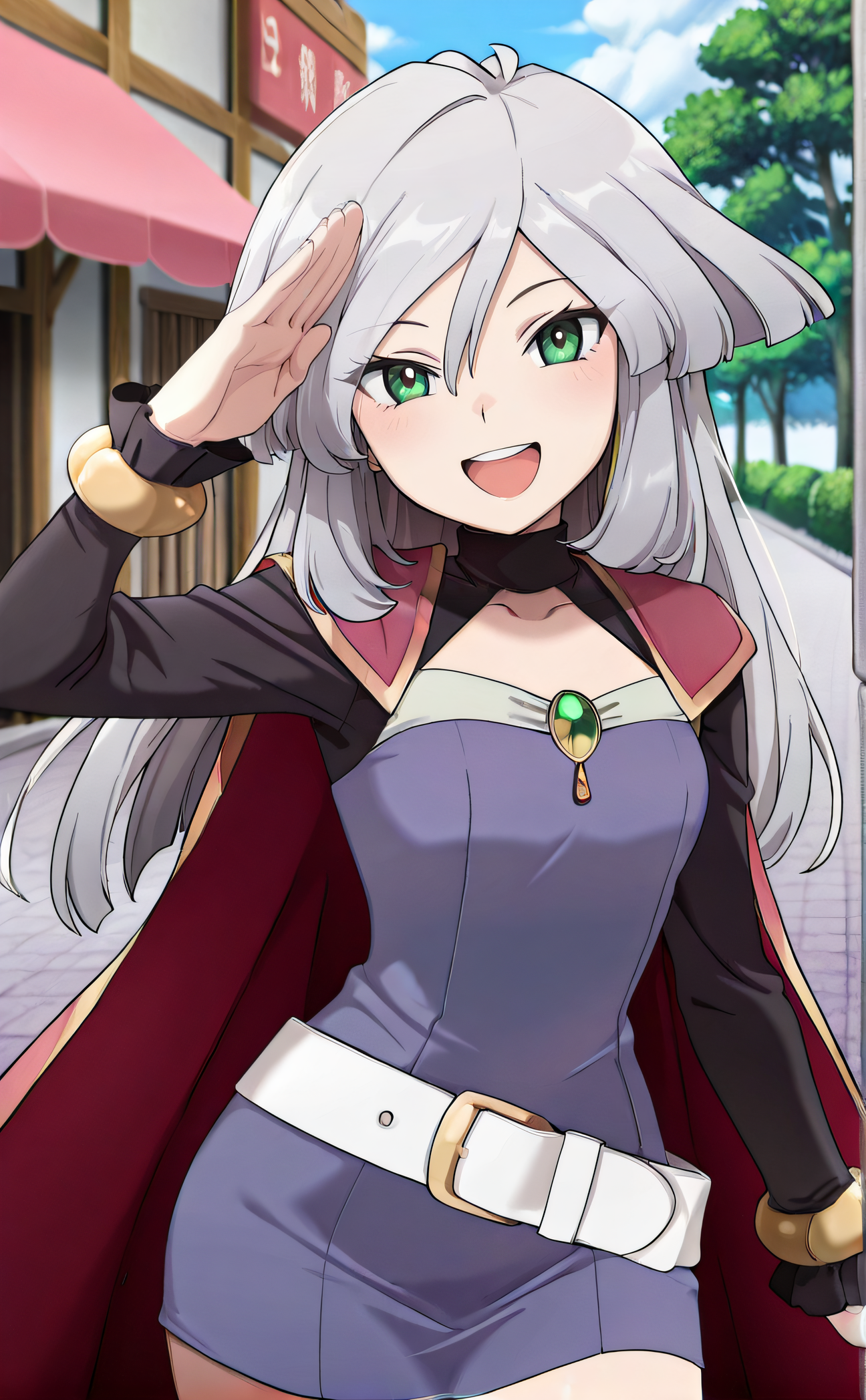 masterpiece, best quality, highres, newest, 1girl, solo, official style, anime screencap, <lora:Tiffany:1>, tiffany. green eyes, grey hair, purple dress, white belt, cape, long sleeves, looking at viewer, smile, outdoor, cowboy shot, salute, open mouth, five fingers:1.3