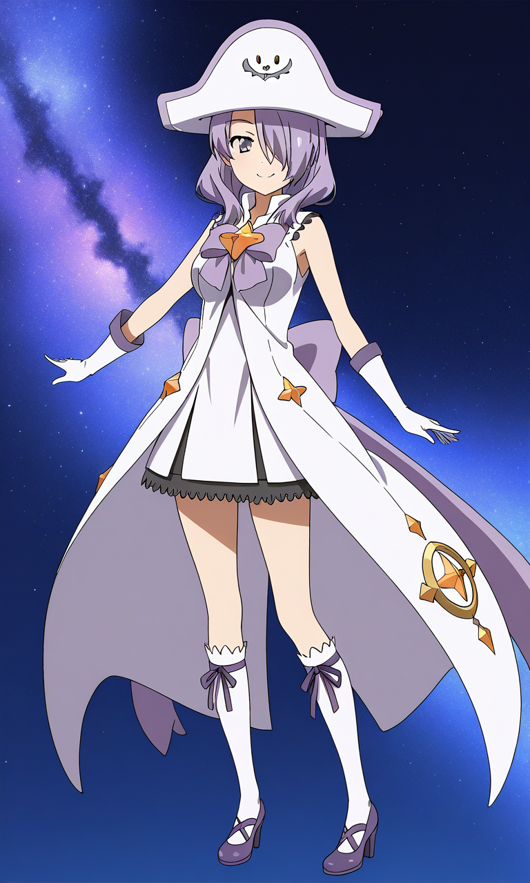 general,highres, ultra-detailed,very aesthetic,best quality ,best hands,  BREAK <lora:Nanako_Houkago_no_Pleiades_IS:1>Nanako(Pleiades), 1girl, purple hair, hair over one eye, purple eyes, long hair, breasts, anime coloring, Nanako(Pleiades), hat, witch   solo, gloves, white hat, smile, full body, dress,  grey eyes, bow, purple footwear, white dress, purple ribbon, napoleon hat,
looking at viewer, white gloves, kneehighs, socks, high heels, star (symbol), standing, purple bow, sleeveless, medium hair, magical girl,
galaxy, sky,