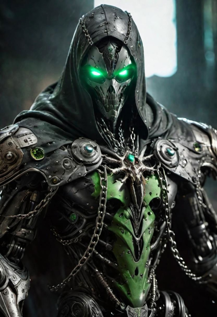 a photograph of spawn, balanced composition, made of black goo, (weathered patina:1.2), black costume, animated green cape made of liquid, "M" on chest, scary green glowing eyes, chains, moody lighting, cinematic, complex robot, biomechanical, hyper detailed <lora:compb0t:0.5> <lora:Spawn:0.8> comprobo