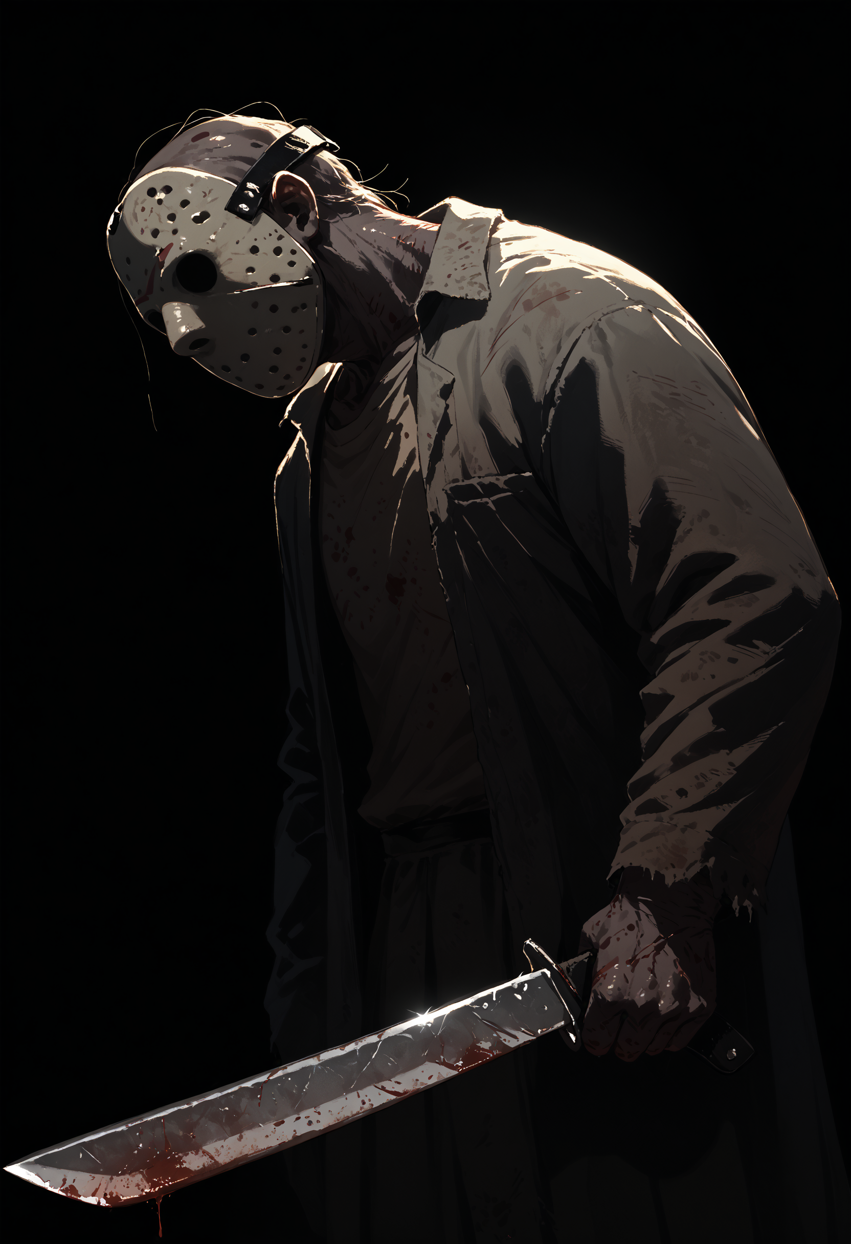 score_9, score_8_up, score_7_up, score_6_up, monster, 1boy, dark background, dark theme, backlighting, no eyes, holding, machete,blood, 
<lora:jason_voorhees_v0.5-pony:1> 
<lora:dark_v1.9-pony:1>