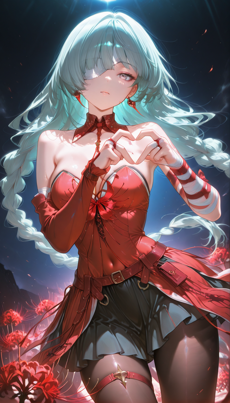 <lora:LCMTurboMix_Euler_A_fix:1> <lora:example_SDXL:0.3>, EZRealPONYXL, <lora:Dramatic Lighting Slider:3> 
DSLR,realistic,cosplay photo, (very awa,masterpiece,best quality,year 2024,newest,absurdres,highres:1), realistic,skin texture,facial features, photography shot with Canon EOS 5D Mark IV , realistic, RAW, best quality, masterpiece, amazing quality, skin details,
1girl, highly detailed beautiful face, large natural breasts,
detailed background, shiny skin, dutch angle, night, moonlight,
beautiful detailed eyes, intricate details, absurdres, anime screencap,
 <lora:Phrolova_WWave_ILXL_kill0825:1>
WWPhrolova, long hair, breasts, large breasts, jewelry, very long hair, medium breasts, green eyes, grey hair, braid, earrings, parted lips, grey eyes, braided twintail, bandage over one eye, eyepatch, multicolored hair, low twintail, aqua hair,
skirt, dress, ribbon, cleavage, jewelry, bare shoulders, flower, thighs, pantyhose, pleated skirt, belt, black skirt, red ribbon, black pantyhose, thigh strap, covered navel, red dress, red flower, brown pantyhose, bandaged arm, thighlet, spider lily, strapless,
looking at viewer, simple background, closed mouth, heart, cowboy shot, hands up, gradient background, floating hair, blue background, expressionless, black background, heart hands, blood, blood on bandages,