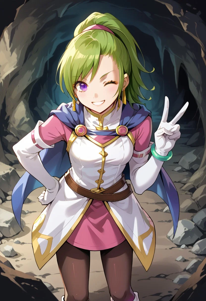 score_8, score_8_up, score_7_up, 1girl, solo, female focus, solo, Karis_GS, green hair, ponytail, bangs, asymmetrical hair, sidelocks, purple eyes, triangle earrings,capelet, blue capelet, small breasts, mandarin collar, coat, white coat, ribbon trim, gold trim, undershirt, pink shirt, pink sleeves, crossed belts, miniskirt, pink skirt, white gloves, elbow gloves, bracelet, black pantyhose, white boots, knee boots, standing, looking at viewer, leaning forward, bent over, smile, winking, V over eye, v, hand on own hip, indoors, underground, cave