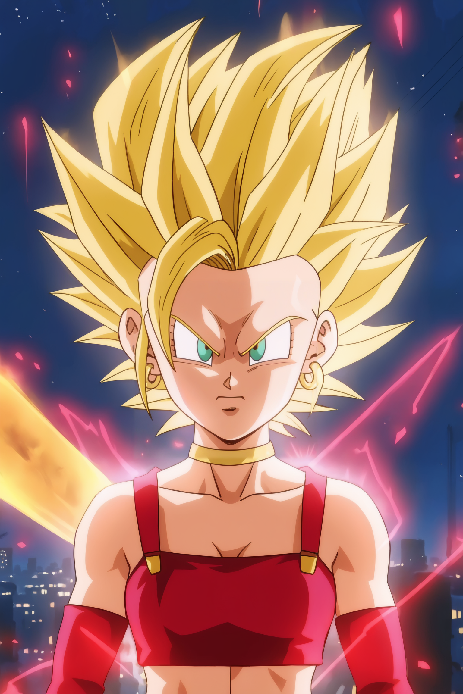 source_anime, score_9, score_8_up, score_7_up, anime screencap, absurdres, high quality,
bra \(dragon ball\), (dragon ball gt), official style, 1girl, solo, super saiyan, blonde hair, green eyes, spiked hair, floating hair, floating tears, upper body, red crop top, angry, destruction, night, glowing, gold aura, city, upper body, bridal gauntlets, 
<lora:Bra_v2:0.8>