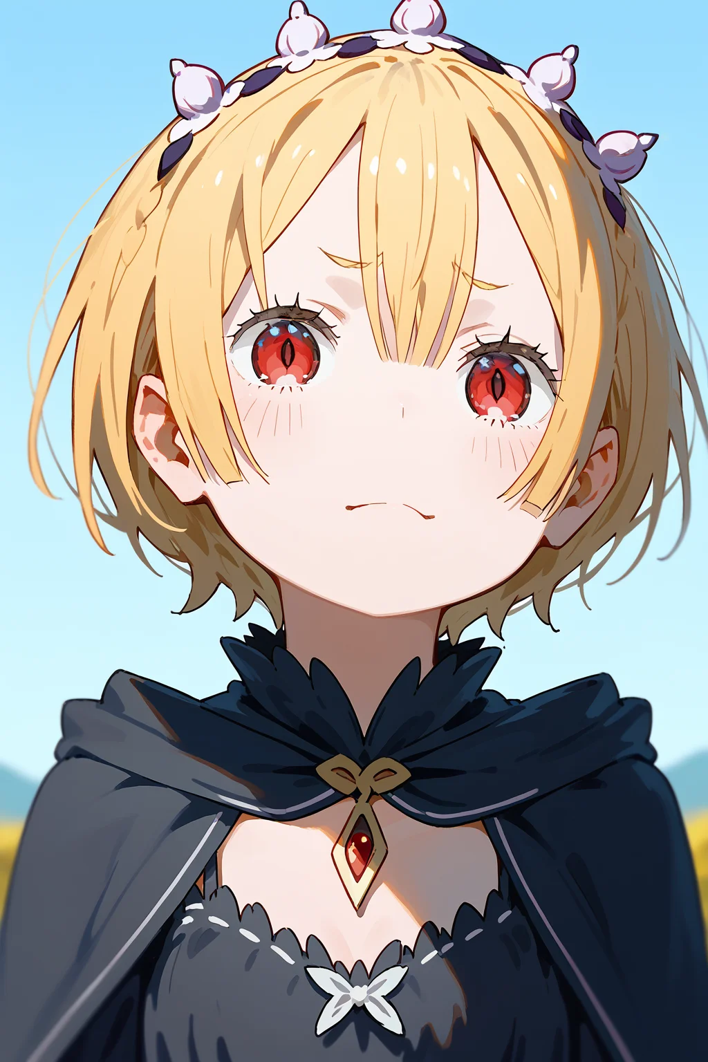 <lora:Felt_ReZero:1>, re:zero, felt, blonde hair, red eyes, face, upper body, chest, facing viewer, blue sky, depth of field,, (score_9,score_8_up,score_7_up)