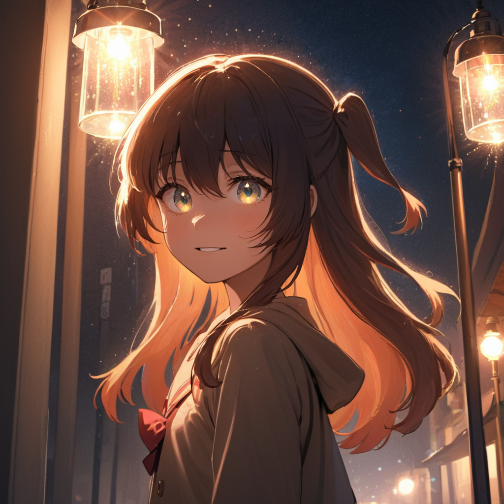 A masterpiece digital art, anime style, a portrait of a girl Kita Ikuyo, long hair, looking happy at midnight standing under lamp on street with sparkling eyes<lora:kita_xl-000021:1>