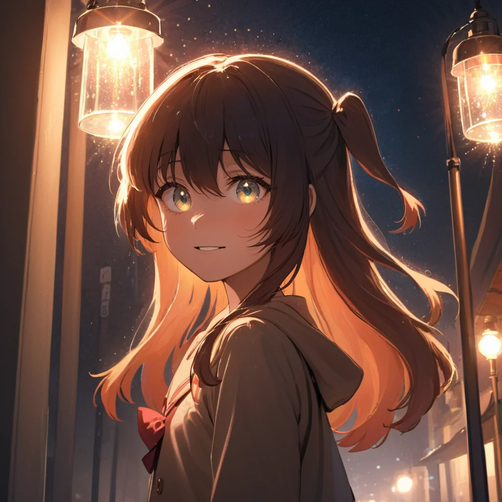A masterpiece digital art, anime style, a portrait of a girl Kita Ikuyo, long hair, looking happy at midnight standing under lamp on street with sparkling eyes<lora:kita_xl-000021:1>
