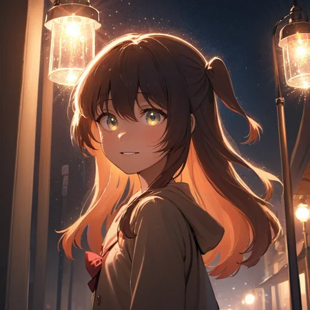 A masterpiece digital art, anime style, a portrait of a girl Kita Ikuyo, long hair, looking happy at midnight standing under lamp on street with sparkling eyes<lora:kita_xl-000021:1>