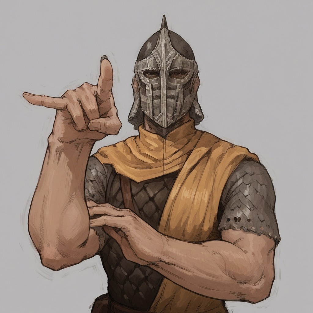 score_9, score_8_up, score_7_up, 1 boy, Whiterun_guard, helmet, armor, pointing with two fingers, pointing, looking at viewer, Sign of the Horns, corma gesture, horns sign, horns gesture,