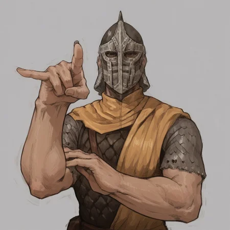 score_9, score_8_up, score_7_up, 1 boy, Whiterun_guard, helmet, armor, pointing with two fingers, pointing, looking at viewer, Sign of the Horns, corma gesture, horns sign, horns gesture,