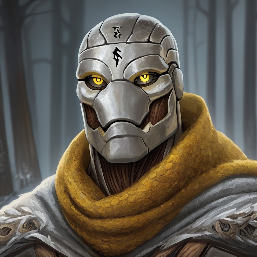 (((detailed, beautiful, high quality))), score_9, score_8_up, score_7_up, upper body, solo, 
warforged, robot monster, metal body, black sclera, rune on forehead, wooden hinges,
1 male, yellow eyes, gray skin, brown scarf,
looking at the viewer, posing, 
fantasy background, blurred background,