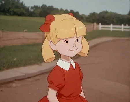 score_9, score_8_up, score_7_up, 1girl, solo, cindyb, cute child, blonde hair, black dot eyes, short sleeves, red dress, bows, <lora:Cindy_Brady:1>,