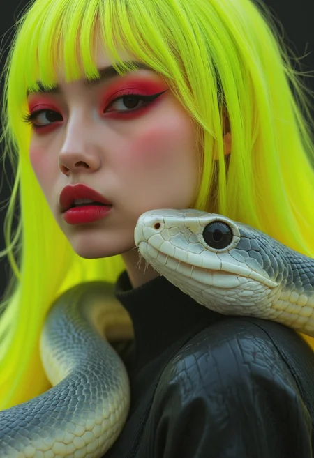 This is a black and white extreme close-up photograph. The image focuses on the intense, surreal connection between FictionalYoyo and the translucent Neon Colorful snake. The composition centers on their faces, capturing every detail with stunning clarity. FictionalYoyo long neon yellow hair with blunt bangs, heavy red eye makeup dominate the frame, with faint distortions hinting at the translucent sss snakes’s form. Her expression is serious and contemplative, with every wrinkle and shadow emphasized. The translucent snake’s head is in sharp focus beside yoyos, its beady eye and textured scales radiating lifelike detail. The minimalist background fades into obscurity, drawing all attention to the striking contrast between her dark, smooth attire and the snakes’s pristine white translucent skin. The mood is intimate and intense, blending curiosity with subtle unease.