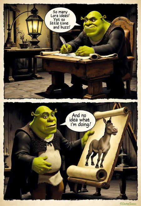 2 pannel comic in d4rkc0mic style in first panel Shrek wearing black necromancer robe sits next to the old wooden desk, writes something on the scroll with a feather dabbed in ink, speech bubble with text "So many lora ideas" comes out of his mouth. next speech buble appers beneth it with text "Yet so little time and buzz" On second panel Shrek in the black necromancer robe shows to the viewer what was on the scroll, and the scroll has a painting of the donkey on it, speech buble comes out of Shrek mouth and text inside it is "And no idea what i'm doing"