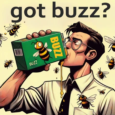 "BUZZ", comic book-style illustration, high contrast, vibrant colors, warm hue, clean lines, flat colors, moderate saturation, bees <lora:texta:0.9>