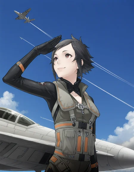 <lora:nagase-kei-shattered-illustrious-000015:0.9> n4g4s3ke1, gloves, pilot suit
1girl, solo, contrail, aircraft, looking up, smile, salute, blue sky, masterpiece, best quality
