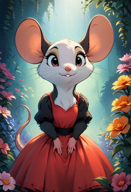score_9, score_8_up, score_8, solo, (fluffy:0.8), (feral), furry, (((mouse))), female, claws, (fluffy cheeks:0.7), (dress), j_cartoon, cute, (portrait:2), flowers, tbp, (2D, flat coloring, flat shading)