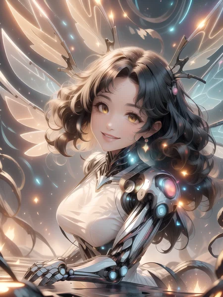 (masterpiece:1.4), high quality, high definition, sharp focus, detailed clothes, detailed body, detailed face, anime, best quality, 4k, 8k, absurd resolution, intricate detail, detailed hands, detailed eyes, animation, illustration, highly detailed, highres, extremely detailed, <lora:ETO_OCC002:0.4> ETO_OCC, black hair, (curly hair:1.5), long hair, thick eyebrows, <lora:hyperdenoiser_v090:0.6>, (looking at viewer:1.6), (plump:1.3), (hazel eyes:1.6), (parted bangs:1.8), (smiling:1.4), <lora:ETO_OC:0.4> ETO-OC, <lora:perfetfingers:1>, OverallDetail, waving, from side, 1girl, large breasts, skindentation, ah1, <lora:hyperrefiner_v090:0.6>, <lora:add_detail:0.6>, <lora:battle angel:0.7>, weapon, (battle angel:1.4), (mechanical wings:1.4), android, (mecha girl:1.4), cyborg, (round face:1.2), apple cheeks, <lora:taremeEyes_v10:1>, <lora:neon-rgb-style-darquelilly-v3:1> neonrgbstyle, reflection, gem, crystal, neon lights, glowing joints, gemstone, rainbow, bubbles, (RGB effect:1.3), (reflect:1.3), light, neon glow, multicolored, colorful, (round chin:1.3), <lora:HoneyTech-20:0.8> honeytech, honey, scifi, (glowing eyes)